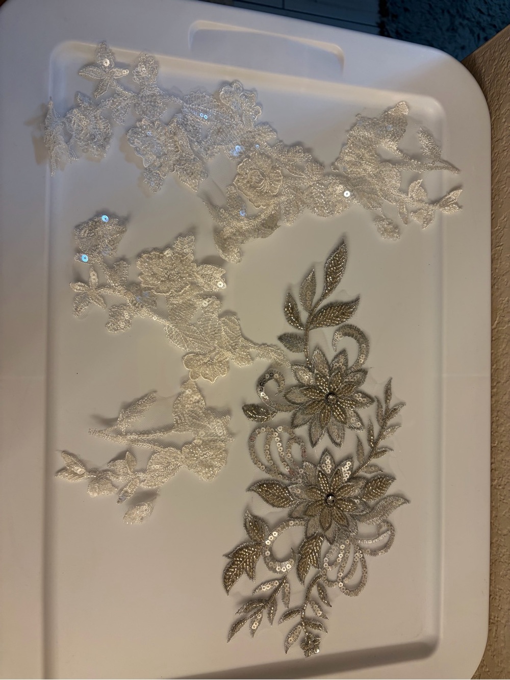 Embellished Floral Lace Applique Patch - White and Silver